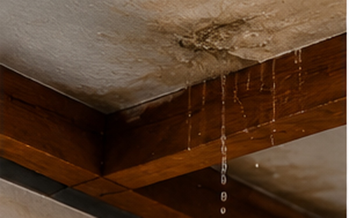 Infiltration d’eau visible sous une toiture