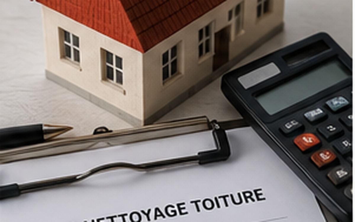 Calculatrice et documents illustrant le prix d’un nettoyage de toiture