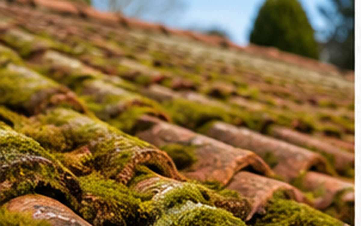 Toiture en tuiles recouverte de mousse et de lichens