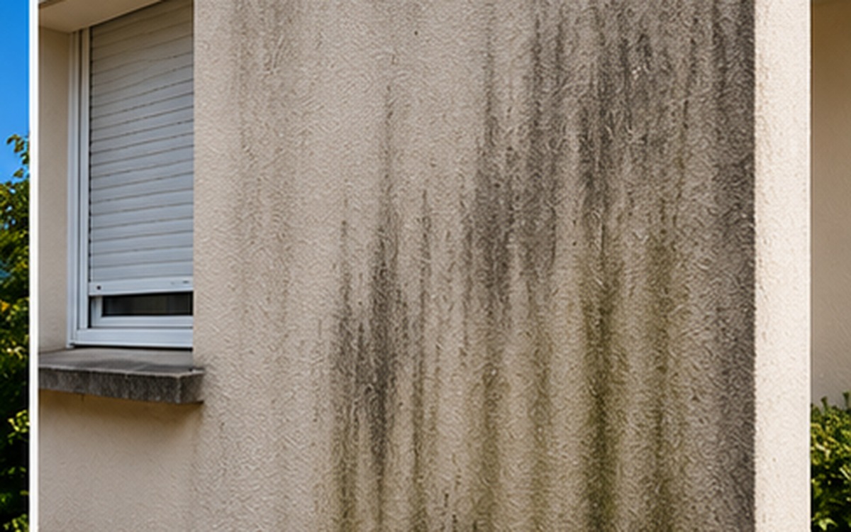 Traces noires et vertes liées à l’humidité sur une façade