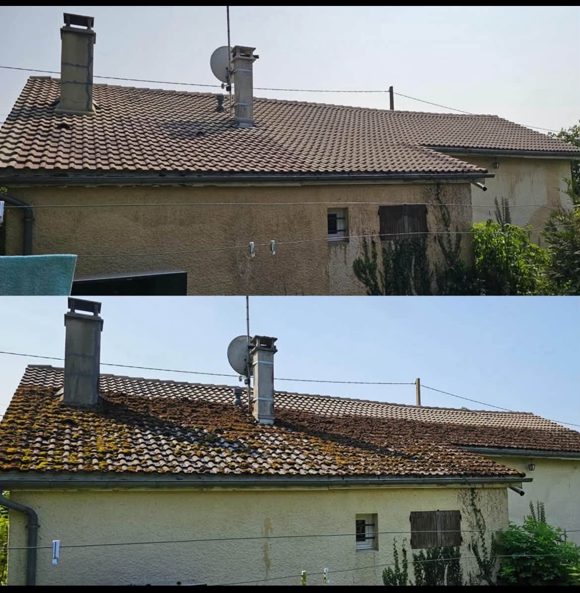 Avant après démoussage et nettoyage de toiture par Artisan MG