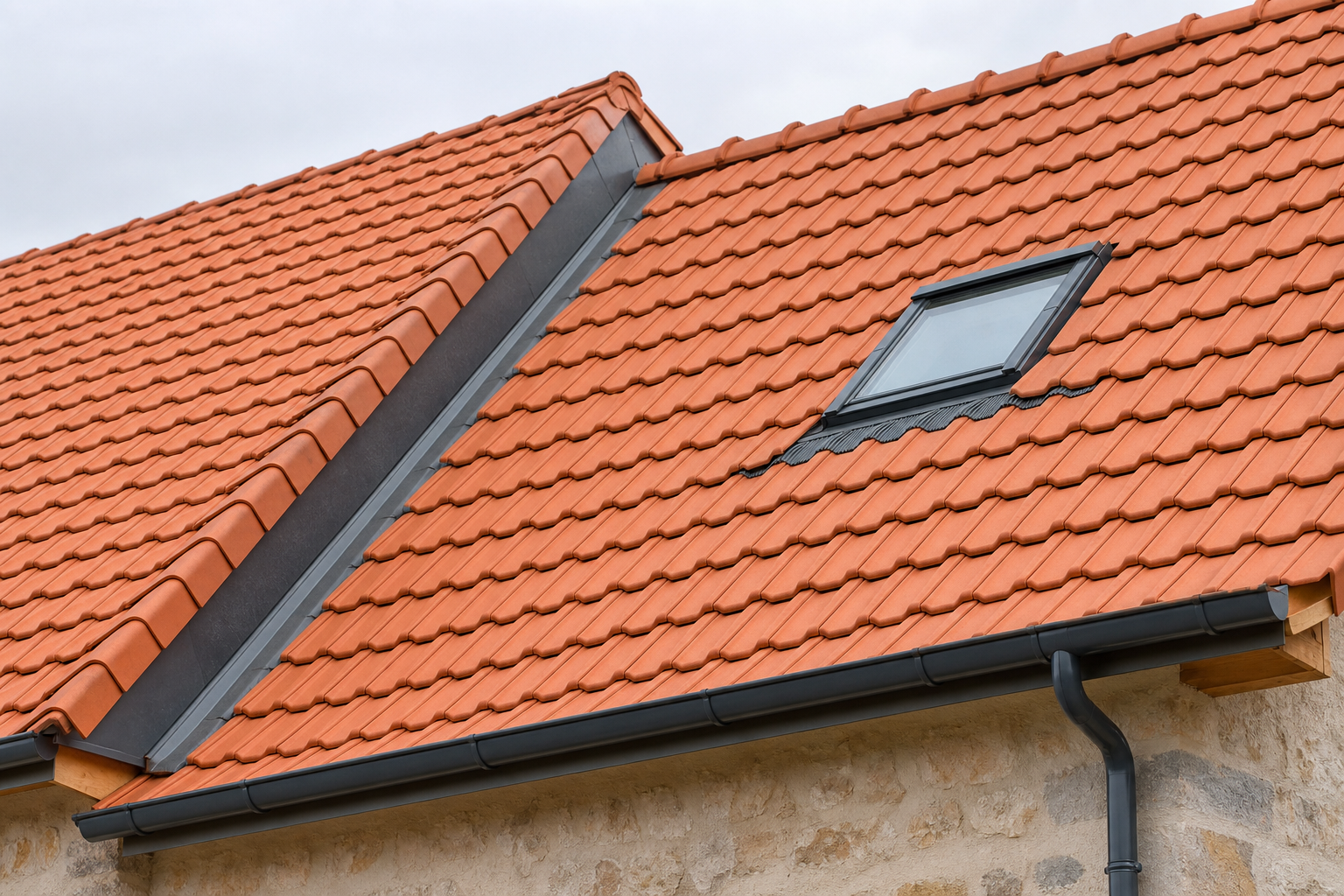 Fenêtre de toit, zinguerie et gouttière sur couverture en tuiles
