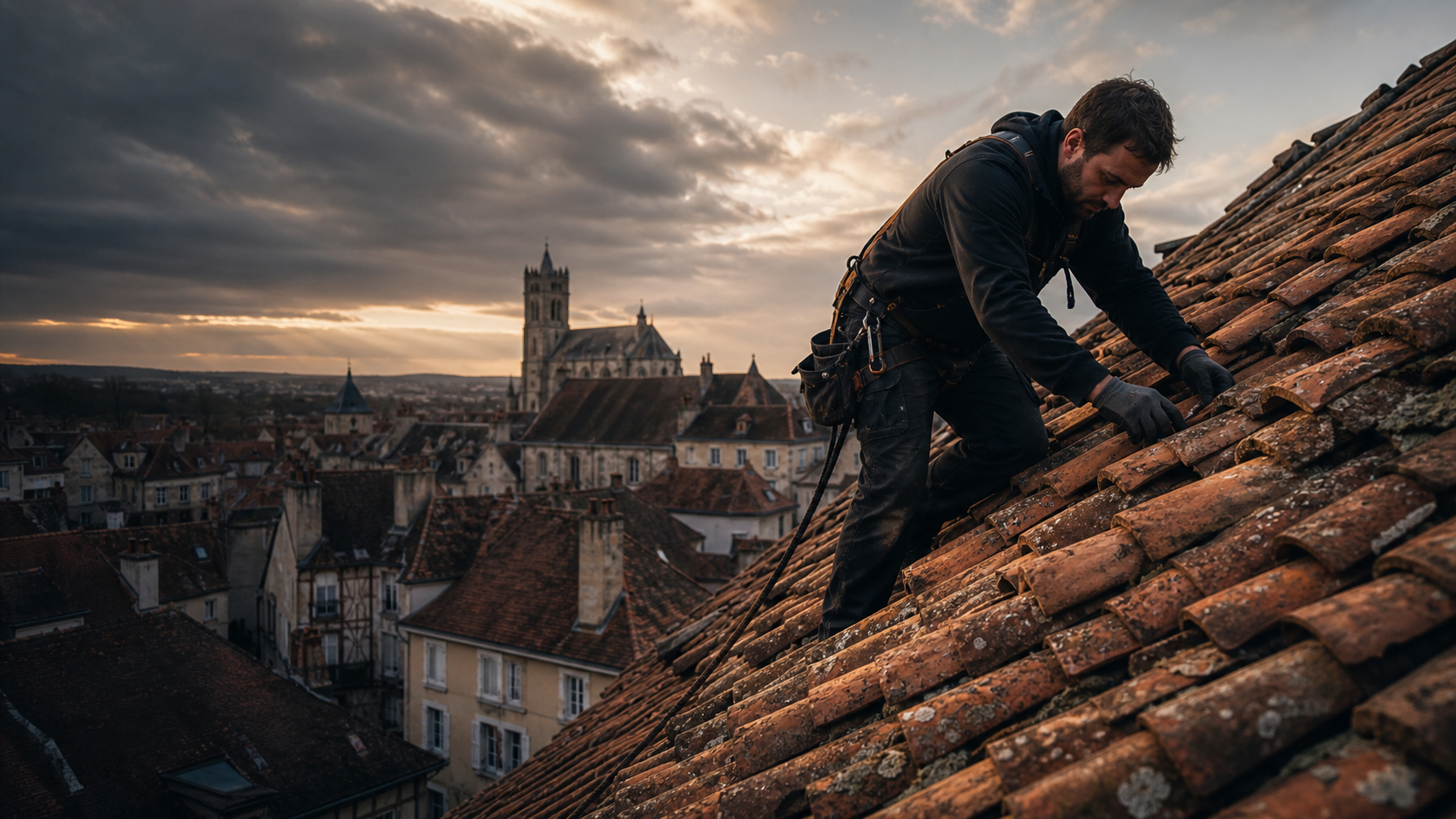 Artisan couvreur travaillant sur des tuiles traditionnelles dans l’Yonne